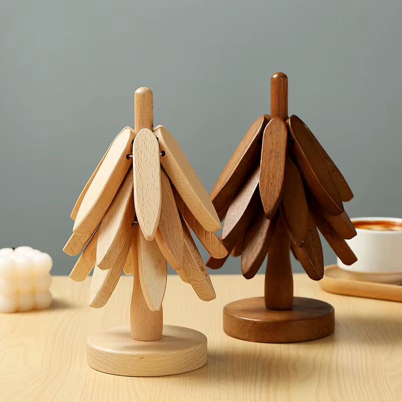 4PCS Tree Design Stand Bamboo Wooden Trivets Decorative anti Scald Heat Resistant Table Mat Coaster Wood Placemats Pot